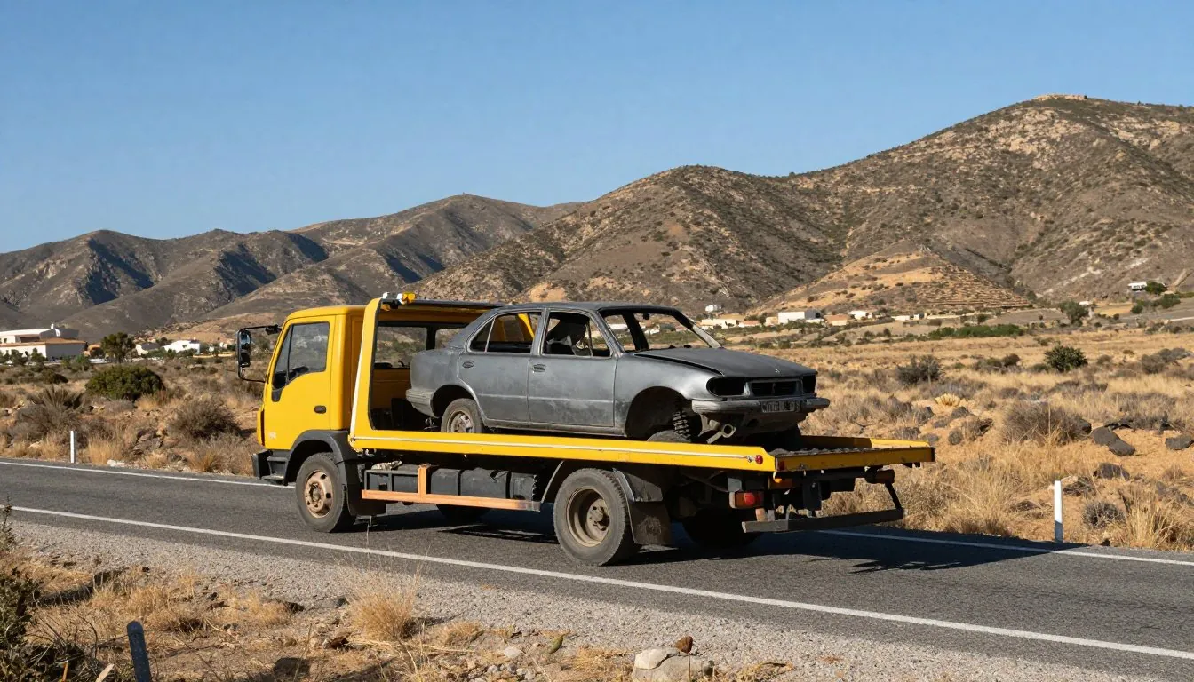 Grúa plataforma cargando un coche en la autovía